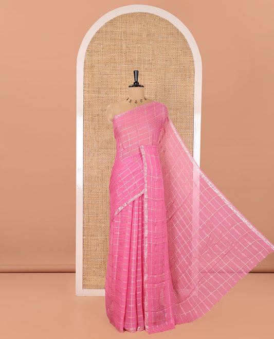 Pink Chinon Chiffon Saree, Beautifully Bedecked with Gold Zari Checked Design on Its Body, Self-Pallu, and Paired with a Contrast Elephant-Tree-Themed French Knot Embroidered Blouse