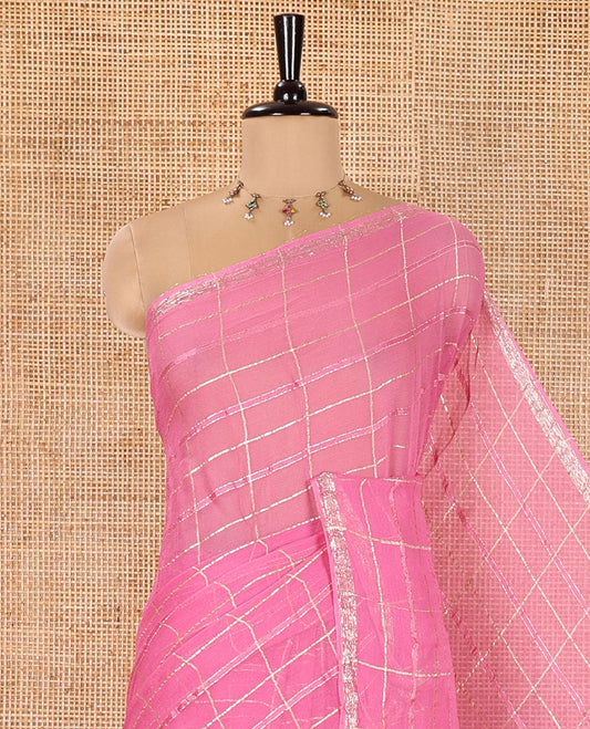 Pink Chinon Chiffon Saree, Beautifully Bedecked with Gold Zari Checked Design on Its Body, Self-Pallu, and Paired with a Contrast Elephant-Tree-Themed French Knot Embroidered Blouse