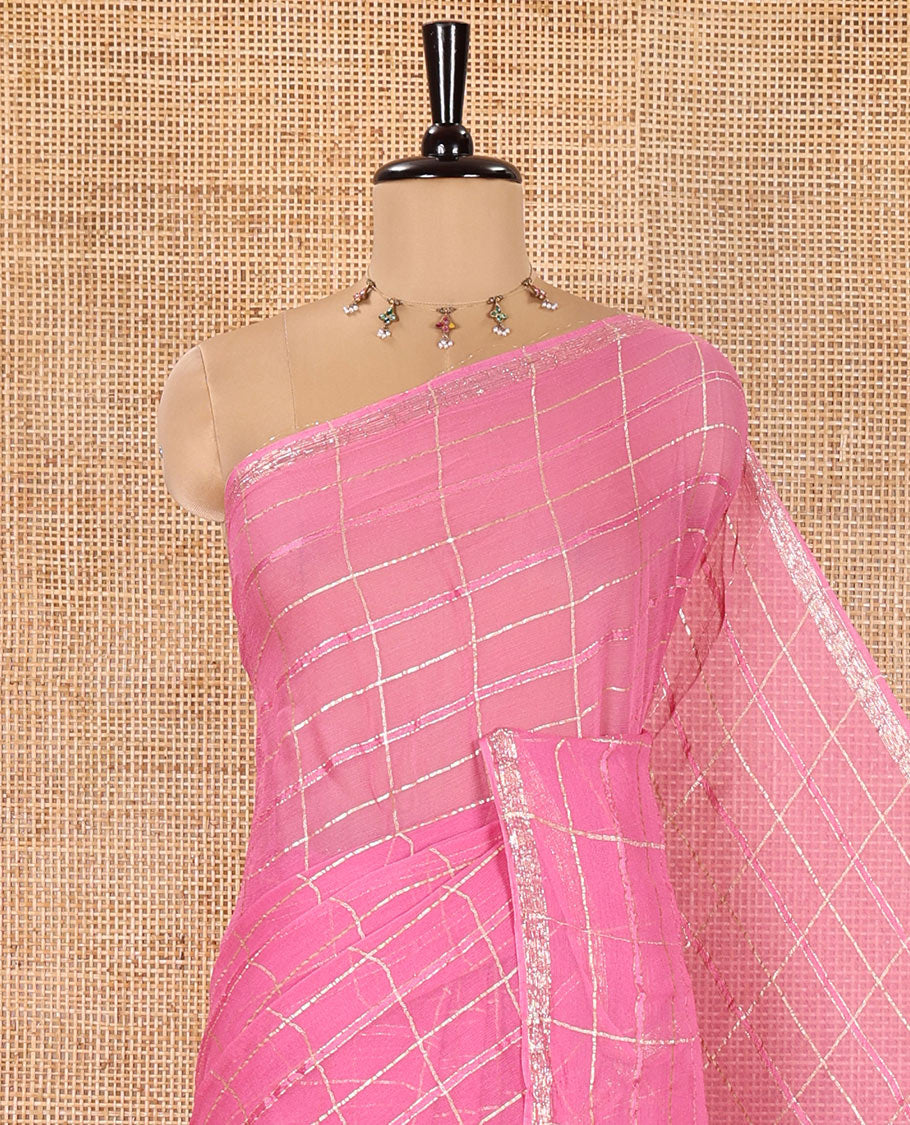 Pink Chinon Chiffon Saree, Beautifully Bedecked with Gold Zari Checked Design on Its Body, Self-Pallu, and Paired with a Contrast Elephant-Tree-Themed French Knot Embroidered Blouse