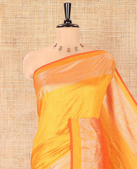 Yellow Plain Vichitra Silk Saree, Subtle Traditional Motifs Woven Border, Plain Pallu, and Paired with a Matching Blouse