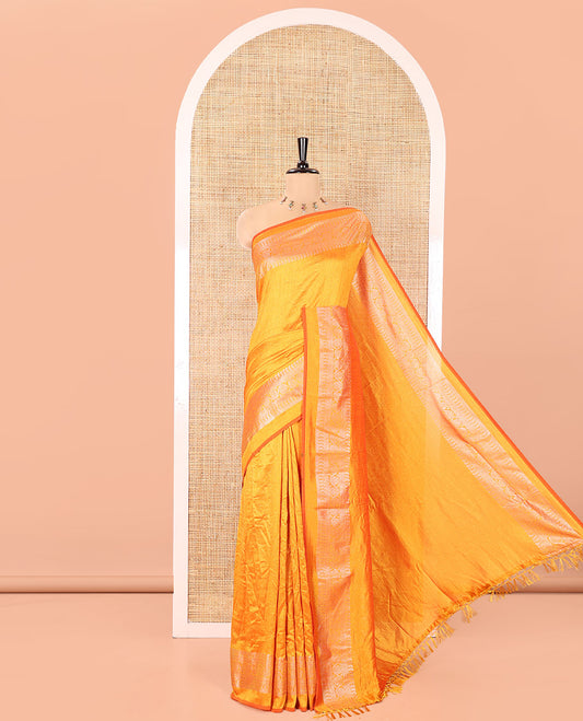 Yellow Plain Vichitra Silk Saree, Subtle Traditional Motifs Woven Border, Plain Pallu, and Paired with a Matching Blouse