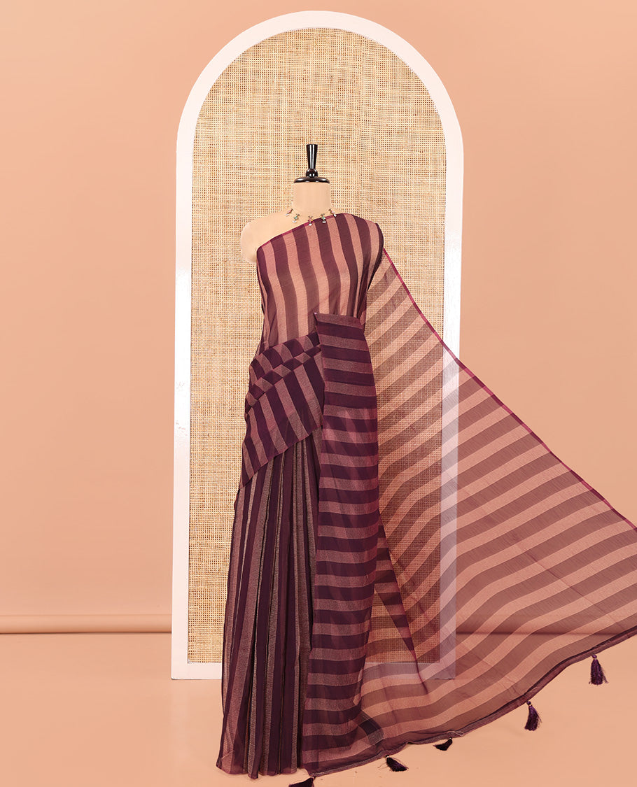 Borderless Wine Light Weight Chiffon Saree, Prettified with Vertical Stripes All Over Its Body, Subtle Self-Pallu, and Paired with a Matching Blouse