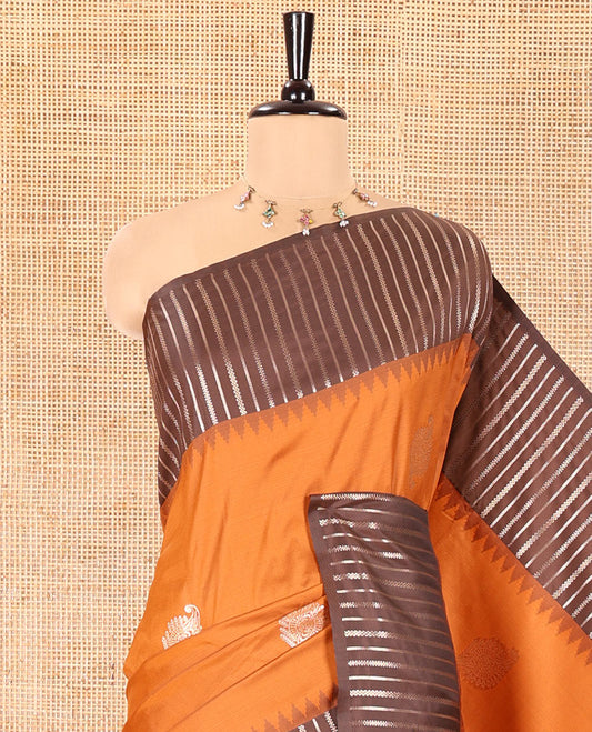 Orange Elite Soft Silk Saree, Enriched with Zari Buttas All Over Its Body, Complemented by Contrast Border Steeped with Geometric Patterns, Grand Pallu, and Paired with a Contrast Blouse