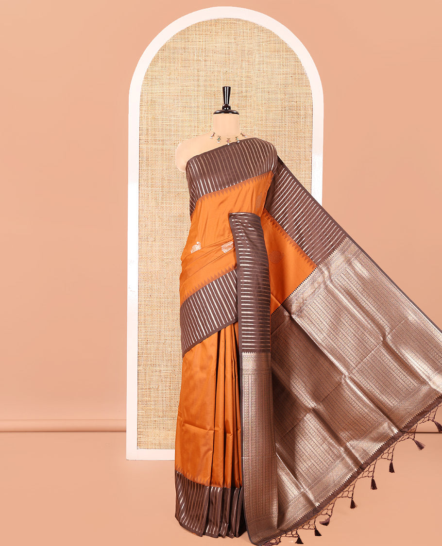 Orange Elite Soft Silk Saree, Enriched with Zari Buttas All Over Its Body, Complemented by Contrast Border Steeped with Geometric Patterns, Grand Pallu, and Paired with a Contrast Blouse
