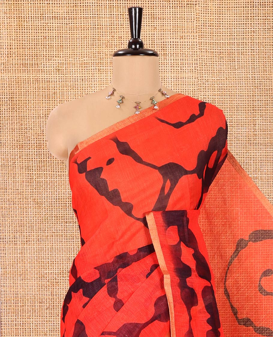 Red Linen Cotton Saree, Showcasing Shibori Printed on Its Body, Subtle Piping Border, Pallu of Floral Vine Print, and Paired with a Contrast Floral Vine Printed Blouse