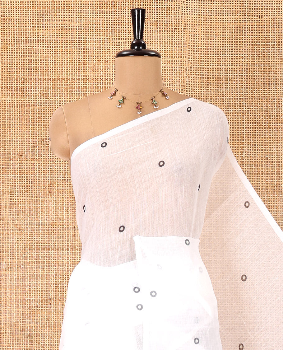 Borderless White Linen Cotton Saree, Adorned with Polka Dot Print, Contrast Geometric Printed Pallu, and Paired with a Contrast Blouse