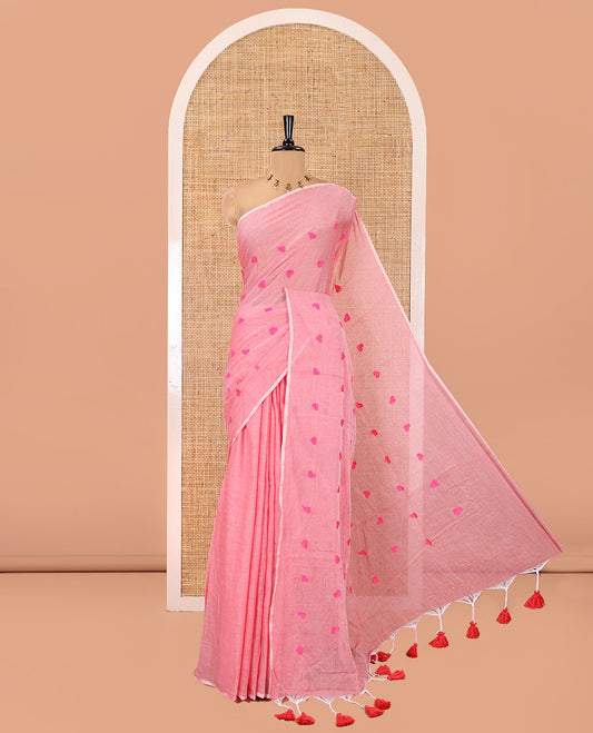 Borderless Baby Pink Mul Cotton Saree, Delicately Woven with Heart Motifs Embroidered All Over Its Body, a Self-Pallu, and Paired with a Matching Blouse