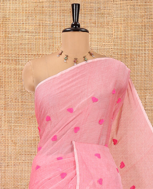 Borderless Baby Pink Mul Cotton Saree, Delicately Woven with Heart Motifs Embroidered All Over Its Body, a Self-Pallu, and Paired with a Matching Blouse