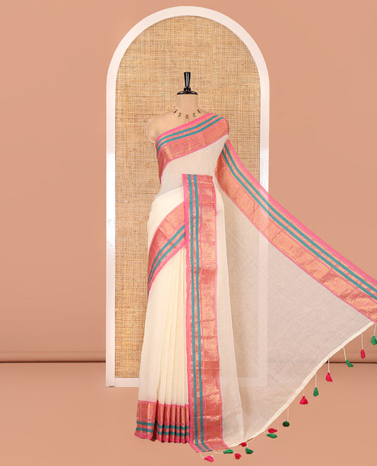 Cream Plain Khadi Mul Cotton Saree, Complemented by a Contrast Traditional Zari Design Border, a Self-Pallu, and Paired with a Matching Blouse