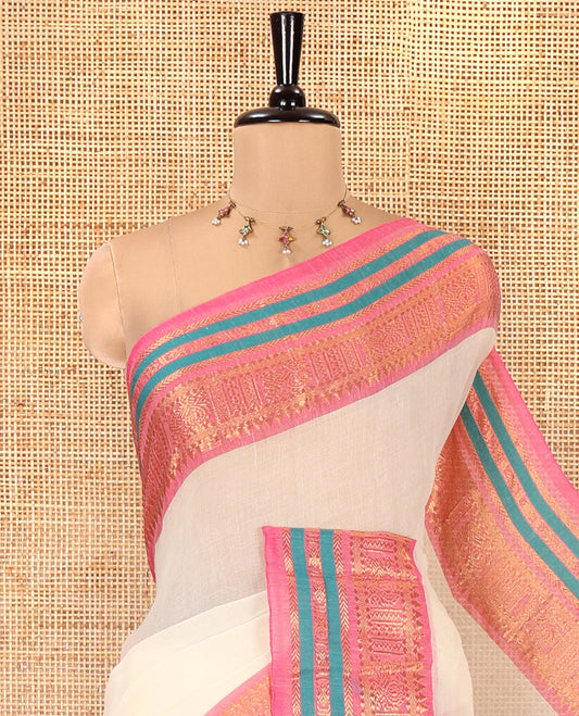 Cream Plain Khadi Mul Cotton Saree, Complemented by a Contrast Traditional Zari Design Border, a Self-Pallu, and Paired with a Matching Blouse