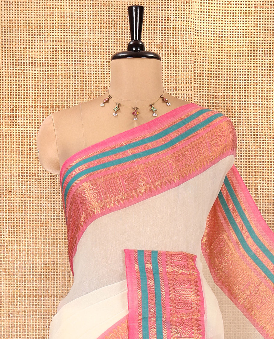 Cream Plain Khadi Mul Cotton Saree, Complemented by a Contrast Traditional Zari Design Border, a Self-Pallu, and Paired with a Matching Blouse