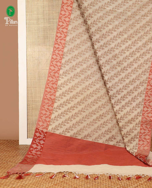 Chikku color with rust color cross fancy design banaras soft kotta saree with thread woven border & chit pallu along with running blouse