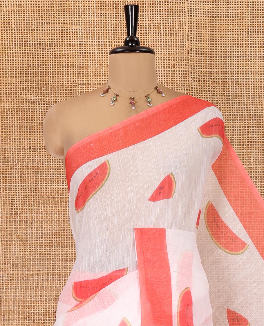 White Linen Cotton Saree, Artfully Printed with Watermelon Motifs All Over Its Body, Complemented by a Contrast Plain Border, Checked Design Pallu, and Paired with a Contrast Blouse