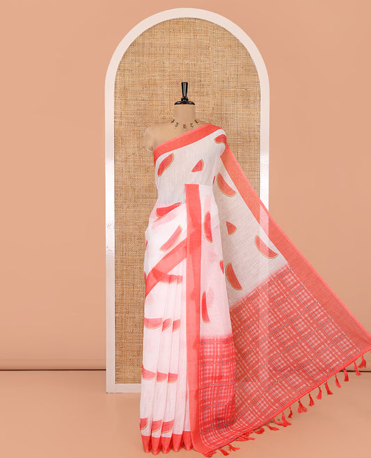 White Linen Cotton Saree, Artfully Printed with Watermelon Motifs All Over Its Body, Complemented by a Contrast Plain Border, Checked Design Pallu, and Paired with a Contrast Blouse