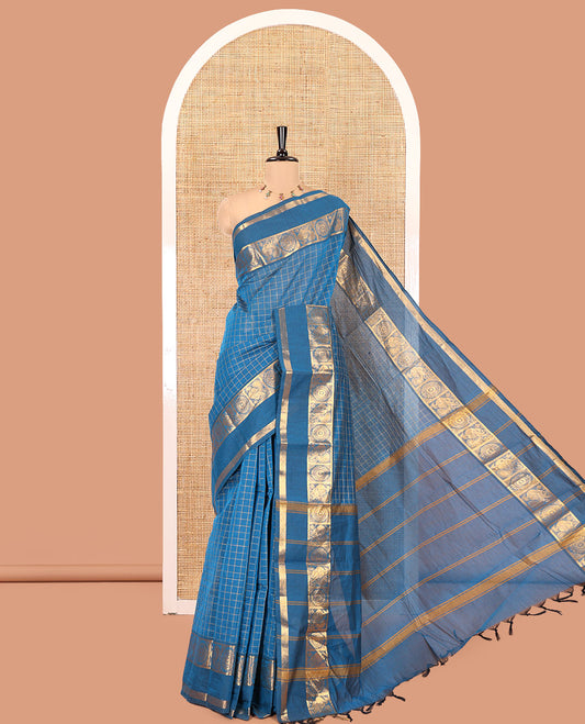 Deep Blue Chettinad Cotton Saree, Adorned with Checked Design on Its Body, Highlighted by Traditional Rettai Pettu Border of Peacock and Chakram Designs, Striped Pallu, and Paired with a Matching Blouse