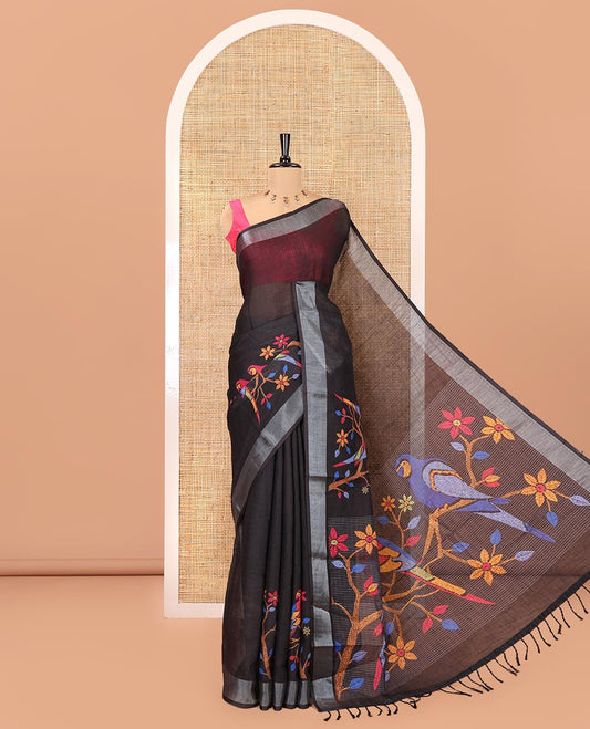 Black Linen Cotton Saree, Masterfully Designed with a Pair of Macaw Parrots Print, a Subtle Zari Border, Pallu of Macaw Parrots, and Paired with a Matching Blouse