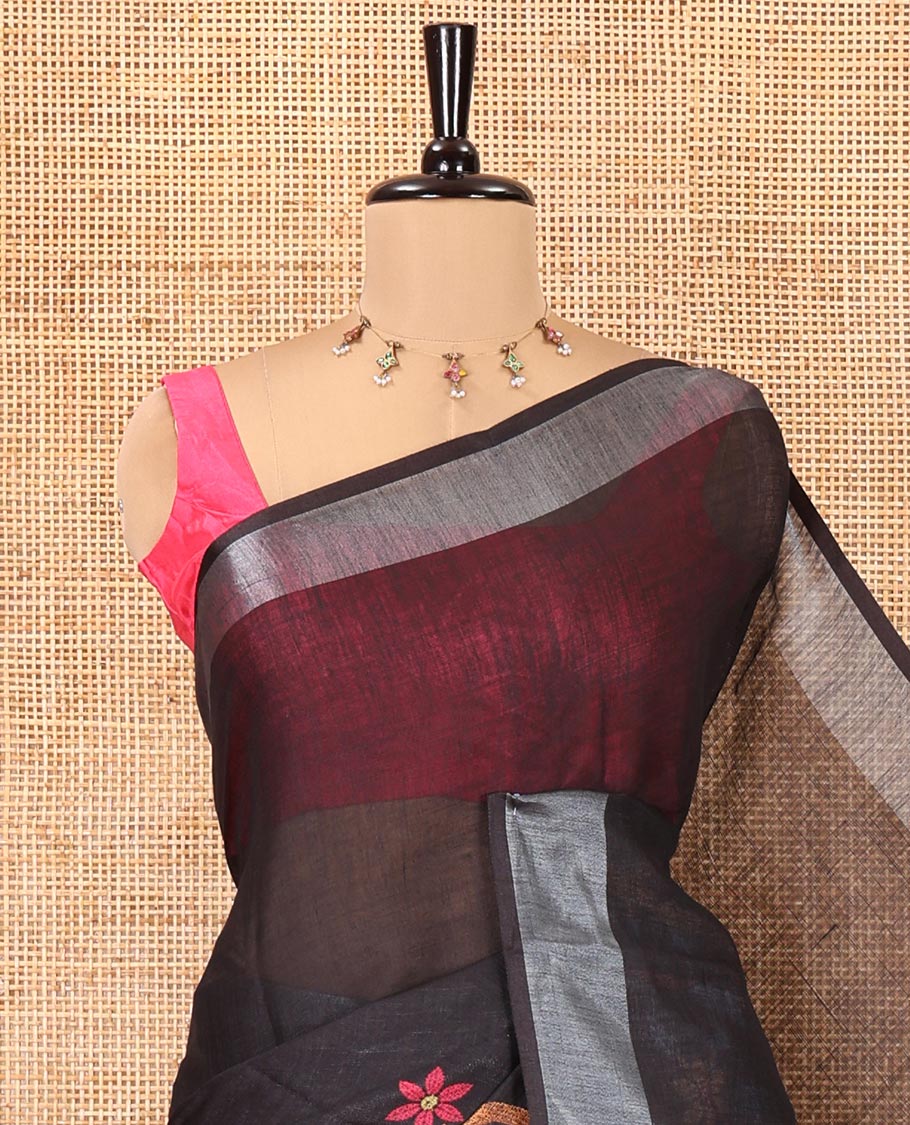 Black Linen Cotton Saree, Masterfully Designed with a Pair of Macaw Parrots Print, a Subtle Zari Border, Pallu of Macaw Parrots, and Paired with a Matching Blouse