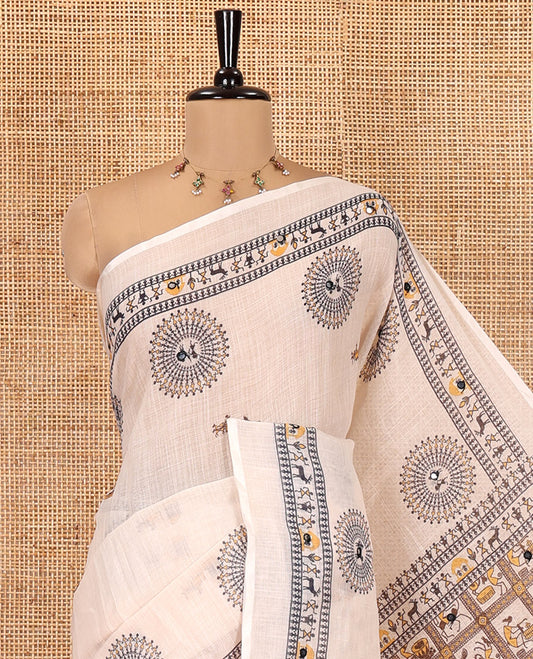 Cream Linen Cotton Saree, Artfully Printed with Warli Motifs and Mirrorwork, Self-Border, Warli Pallu, Matching Blouse