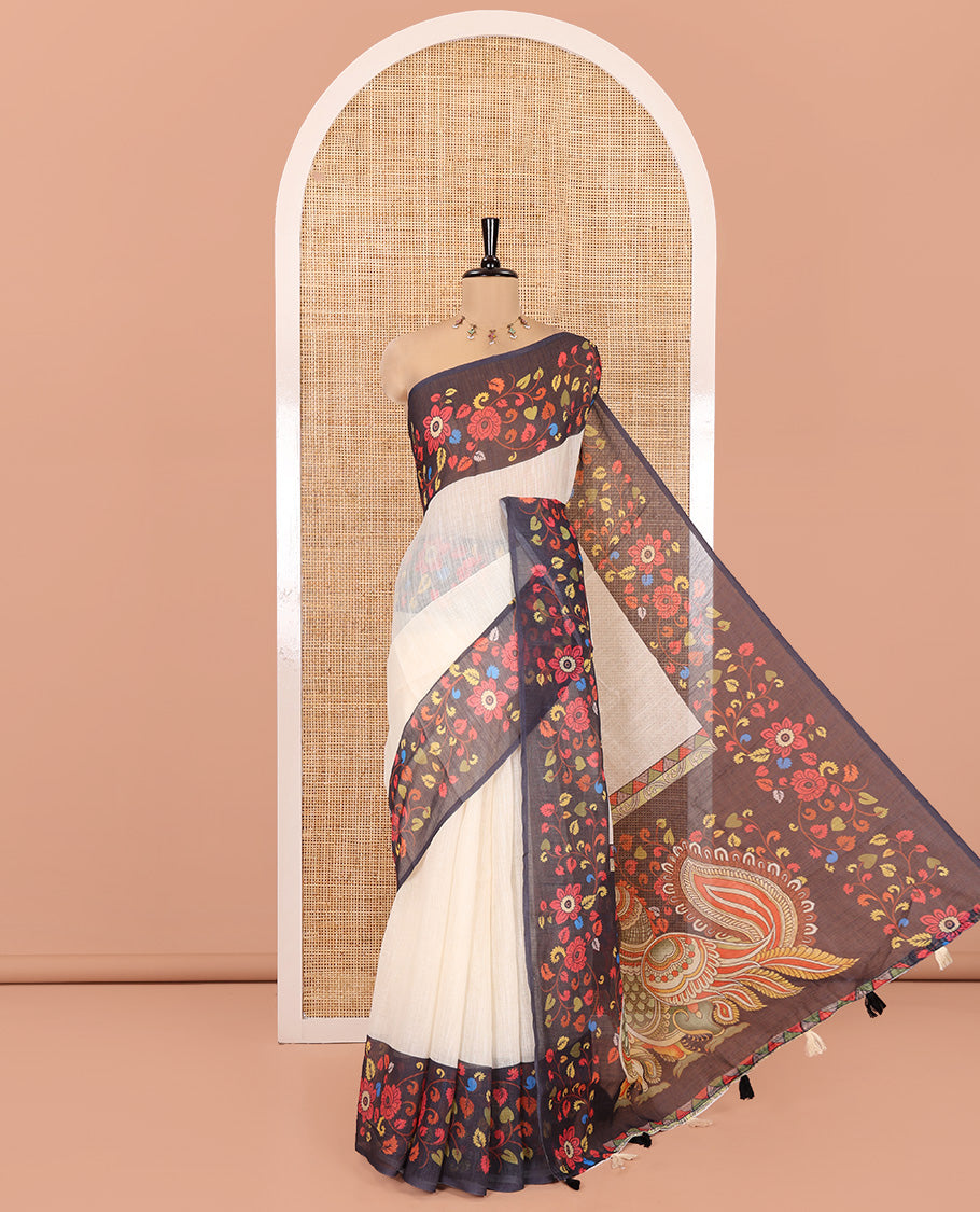 Cream Plain Linen Cotton Saree, a Contrast Kalamkari Floral-Printed Border, Peacock Pallu, and a Contrast Blouse