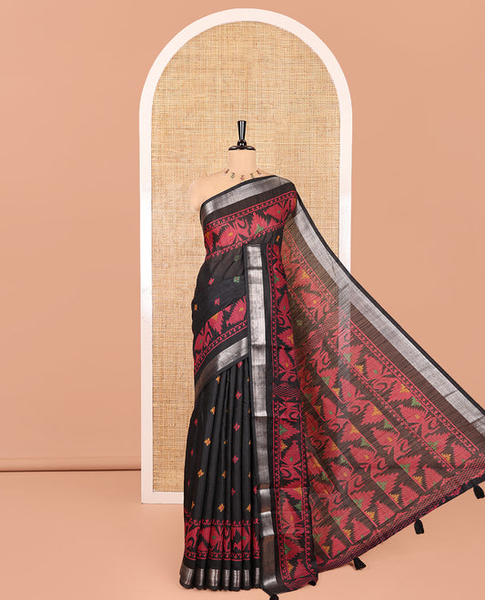 Black Jute Linen Saree, Adorned with Thread Buttas, a Self-Border and Pallu of Jamdani-Style Designs and a Plain Blouse