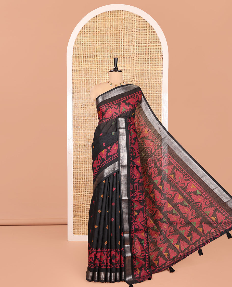 Black Jute Linen Saree, Adorned with Thread Buttas, a Self-Border and Pallu of Jamdani-Style Designs and a Plain Blouse