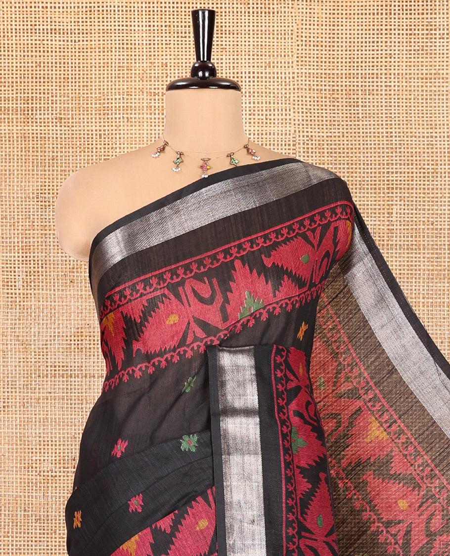 Black Jute Linen Saree, Adorned with Thread Buttas, a Self-Border and Pallu of Jamdani-Style Designs and a Plain Blouse