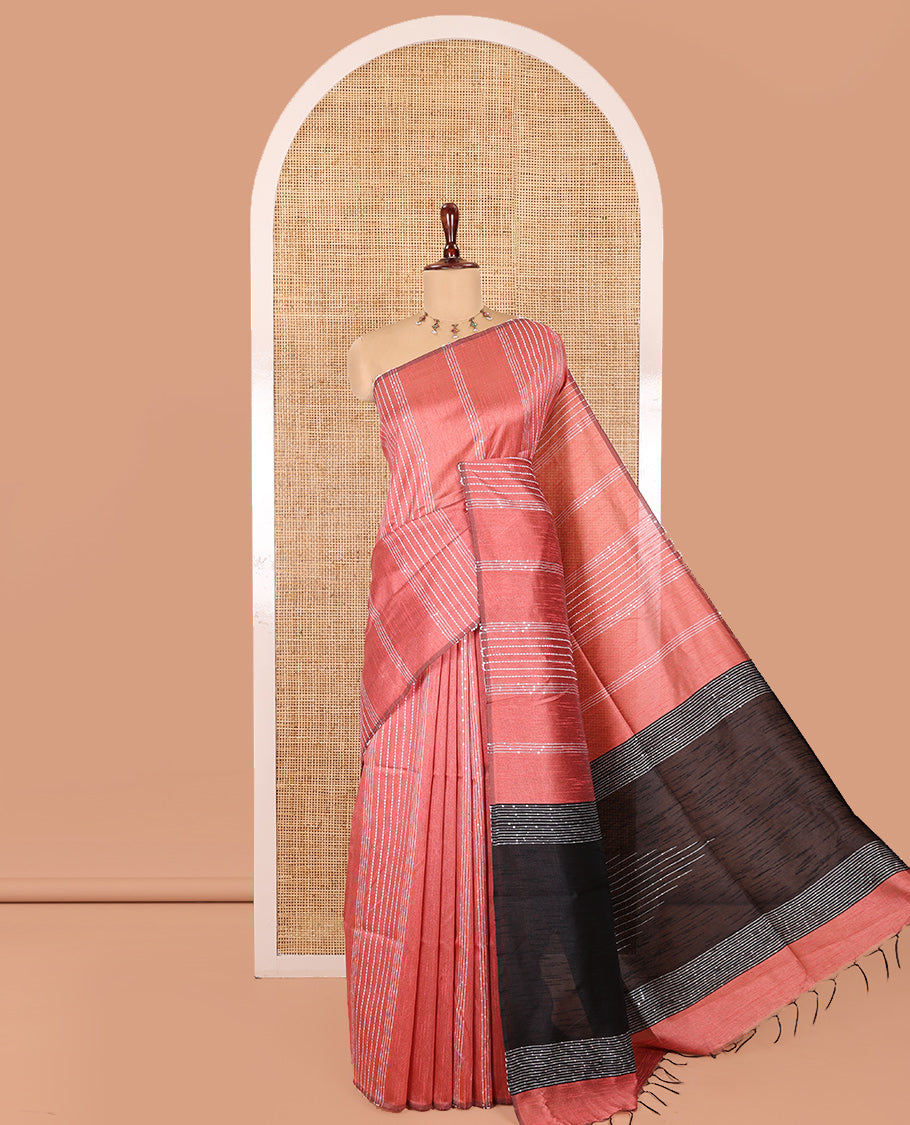 Borderless Dusky Rose Semi-Raw Silk Saree, Decorated with Sequined Stripes, a Contrast Zari Striped Pallu, and Contrast Blouse