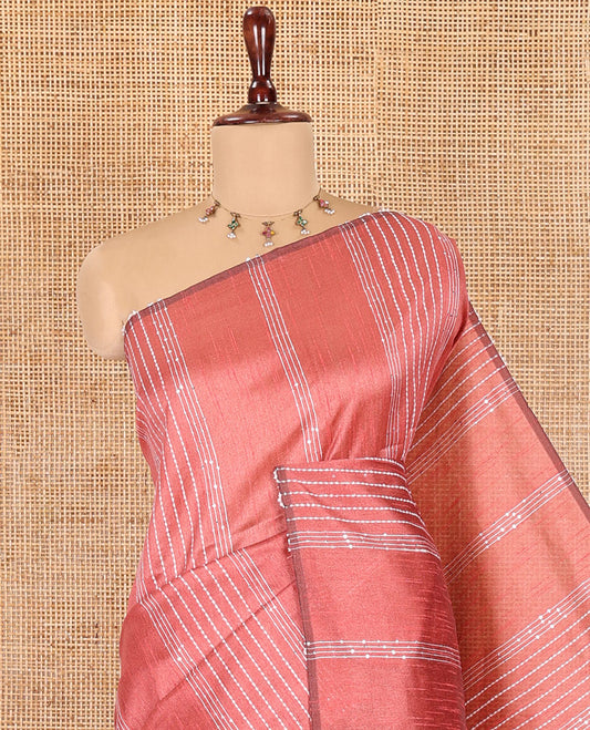 Borderless Dusky Rose Semi-Raw Silk Saree, Decorated with Sequined Stripes, a Contrast Zari Striped Pallu, and Contrast Blouse
