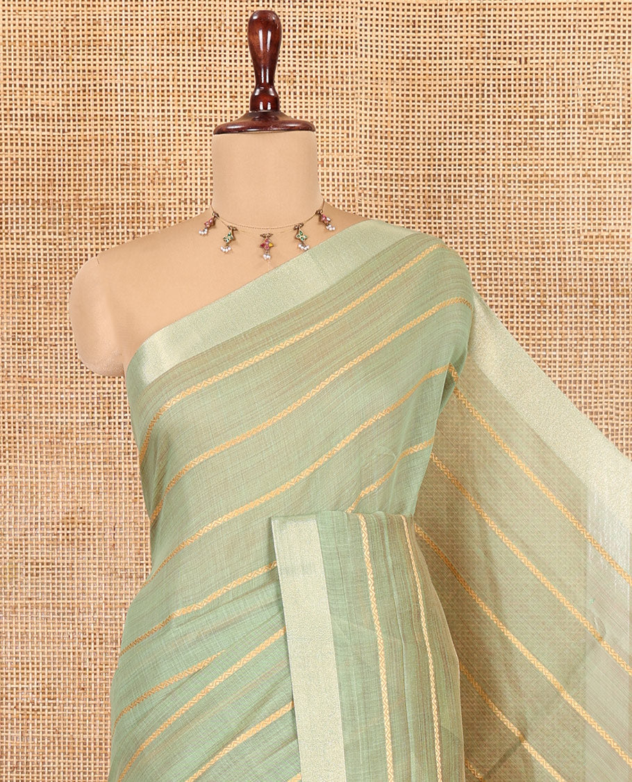 Pista Green Semi-Silk Cotton Saree Features Veldhari Stripes, Gold Zari Border, Contrast Striped Pallu and a Contrast Blouse