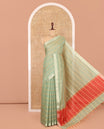 Pista Green Semi-Silk Cotton Saree Features Veldhari Stripes, Gold Zari Border, Contrast Striped Pallu and a Contrast Blouse