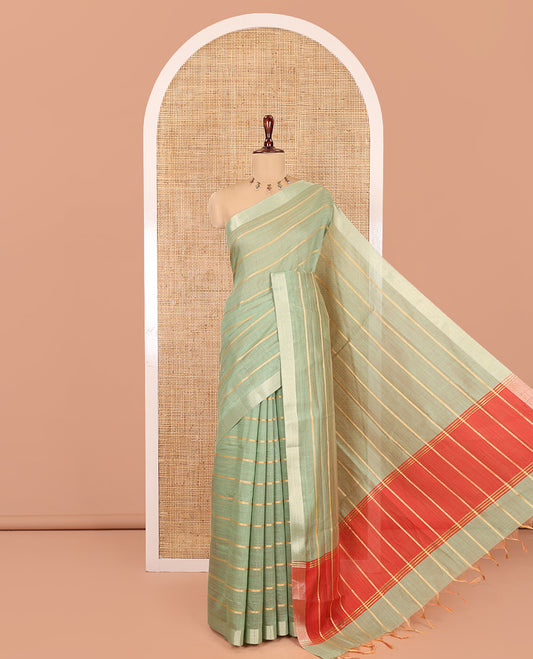 Pista Green Semi-Silk Cotton Saree Features Veldhari Stripes, Gold Zari Border, Contrast Striped Pallu and a Contrast Blouse