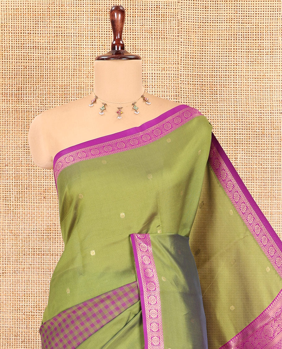 Olive Green Semi-Kanchi Silk Saree, Adorned with Buttas and Checks, a Contrast Traditional Border, Jaal Pallu, and a Contrast Blouse