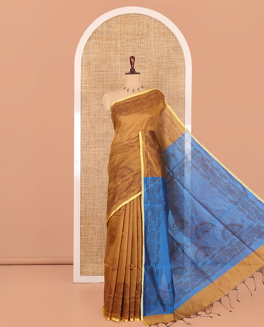 Mustard Khadi Cotton Saree, Ornamented with Flower Motifs, Printed Border, Contrast-Printed Pallu, and a Contrast Blouse