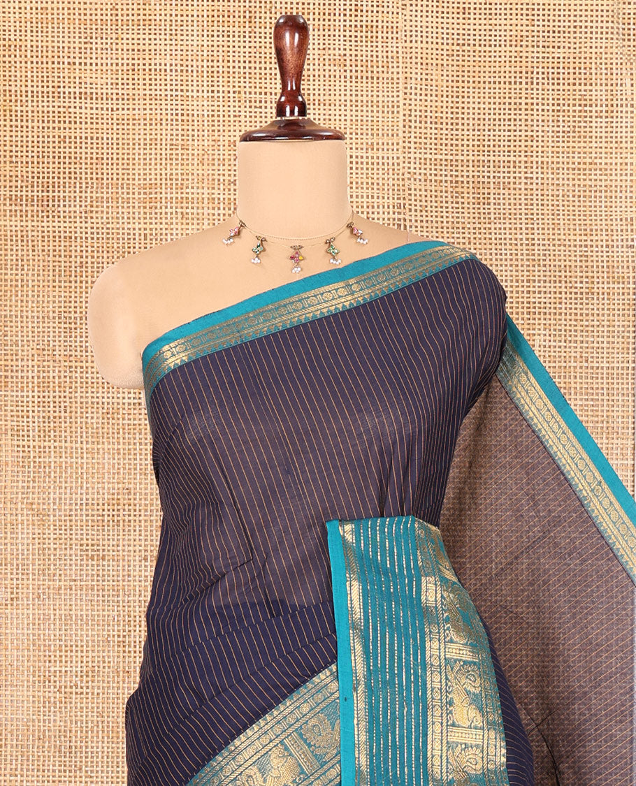 Navy Blue Striped Chettinad Cotton Saree, Complemented by a Contrast Traditional Temple Border, Striped Pallu, and a Matching Blouse