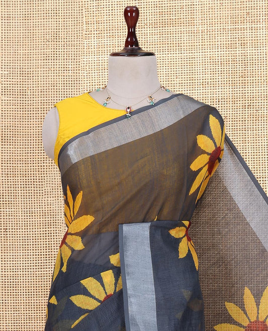 Elephant Grey Linen Cotton Saree, Beautified with Sunflower Print, a Zari Border, and a Matching Blouse