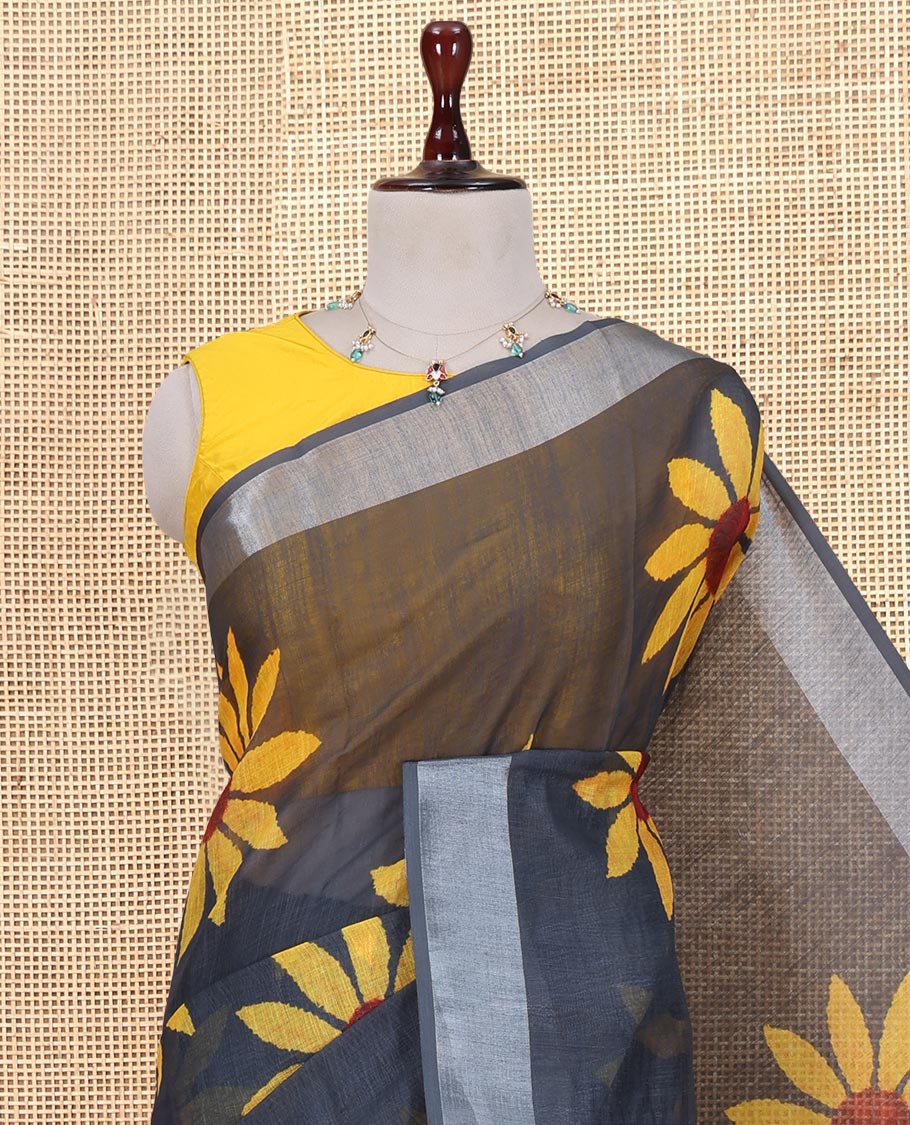 Elephant Grey Linen Cotton Saree, Beautified with Sunflower Print, a Zari Border, and a Matching Blouse