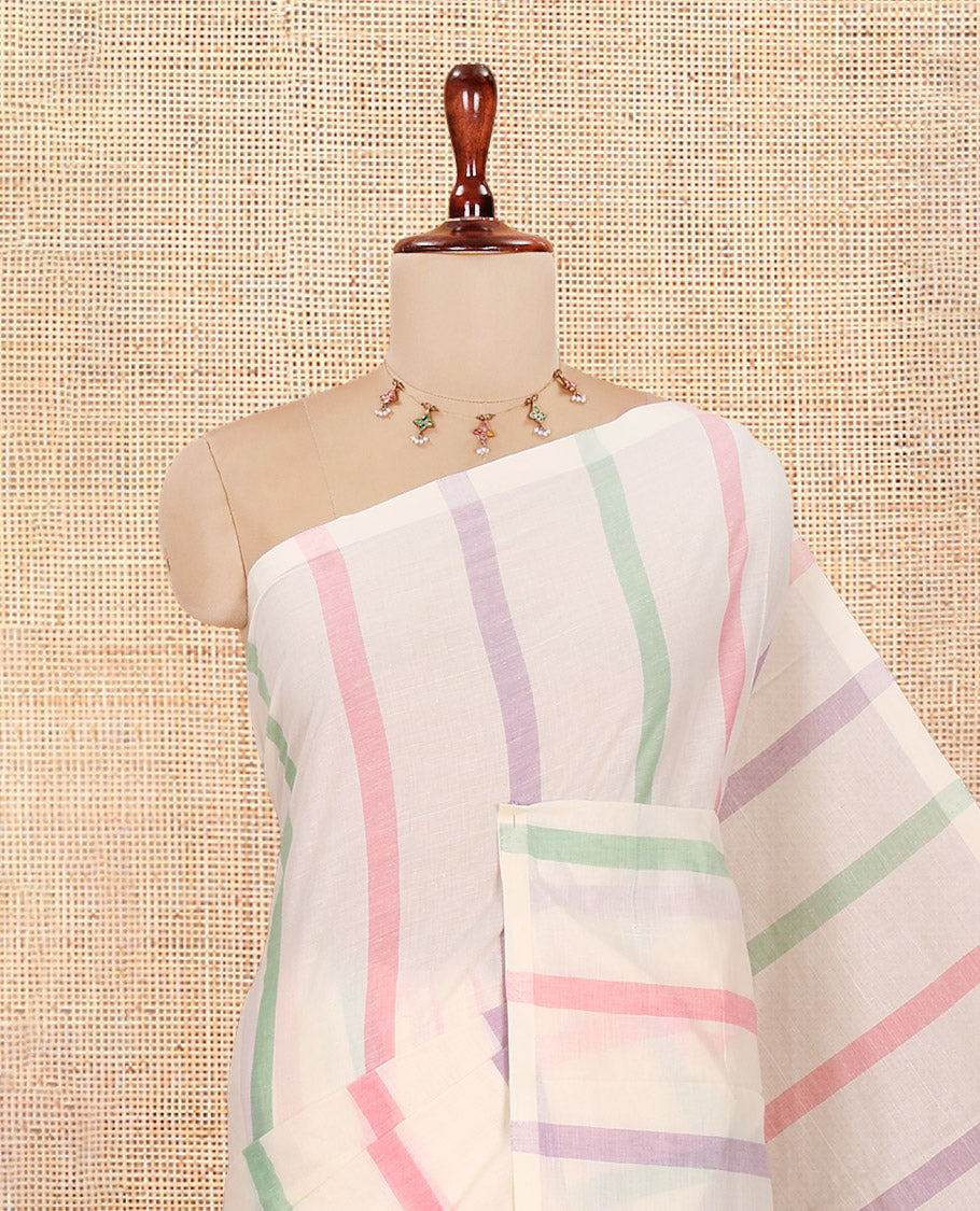 Borderless Off-White Kerala Cotton Saree Features Multi-color Stripes, and a Matching Blouse