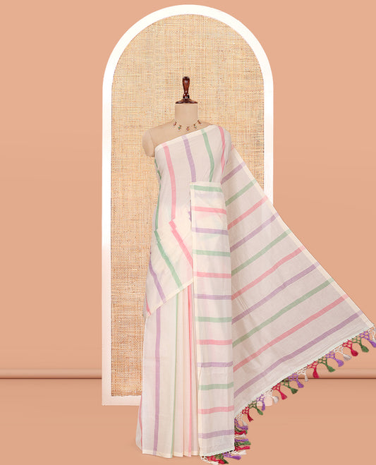 Borderless Off-White Kerala Cotton Saree Features Multi-color Stripes, and a Matching Blouse