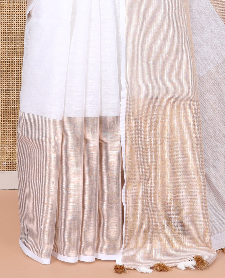Borderless Off-White Linen Saree Flanked by Horizontal Zari Stripes, a Self-Pallu, and a Matching Blouse