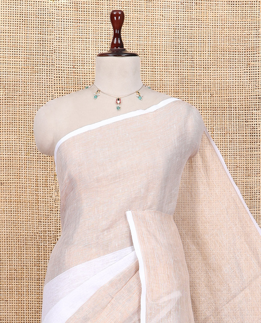 Borderless Off-White Linen Saree Flanked by Horizontal Zari Stripes, a Self-Pallu, and a Matching Blouse