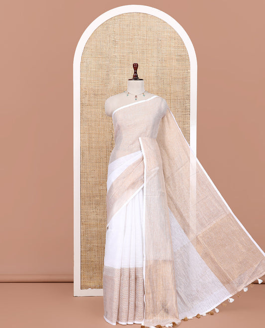 Borderless Off-White Linen Saree Flanked by Horizontal Zari Stripes, a Self-Pallu, and a Matching Blouse