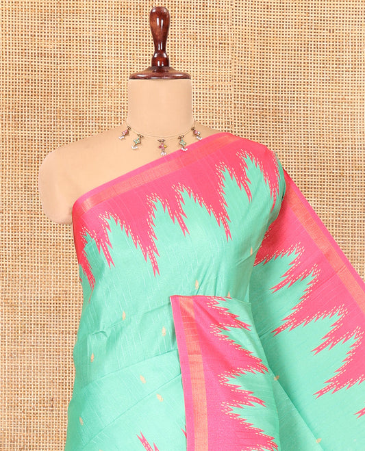 Emerald Green Katan Silk Saree Features Buttas, Complemented by Contrast Temple Zari Border, Striped Pallu, and a Contrast Blouse