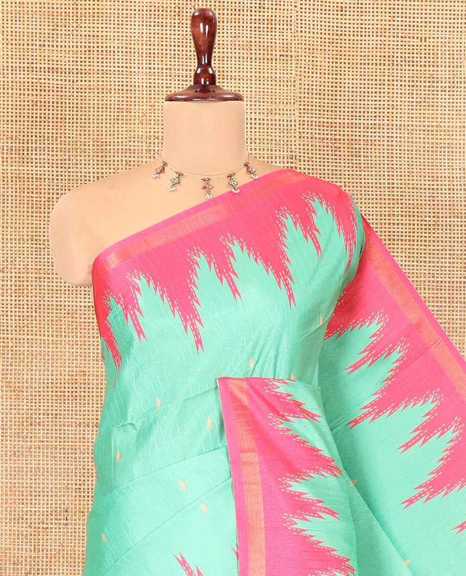 Emerald Green Katan Silk Saree Features Buttas, Complemented by Contrast Temple Zari Border, Striped Pallu, and a Contrast Blouse