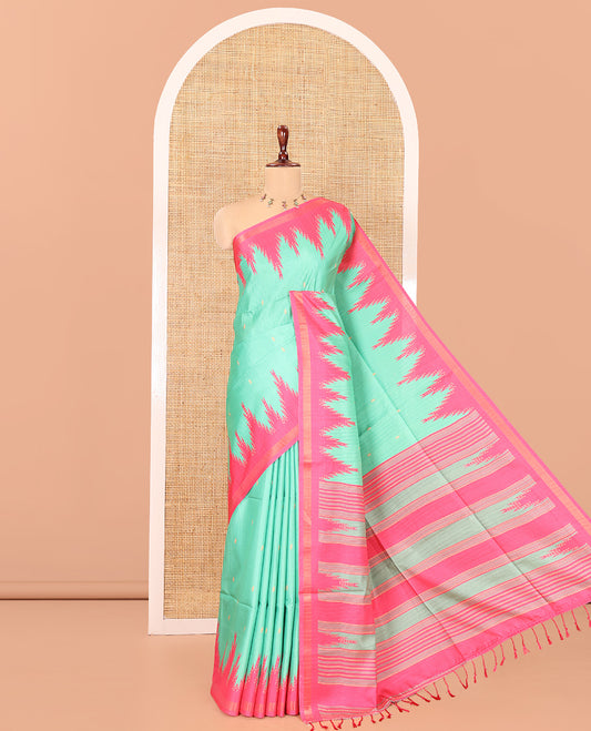 Emerald Green Katan Silk Saree Features Buttas, Complemented by Contrast Temple Zari Border, Striped Pallu, and a Contrast Blouse