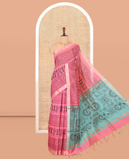 Pink Semi-Silk Cotton Saree, Adorned with Warli Print, a Tissue Border, Contrast Warli Printed Pallu, and a Contrast Blouse