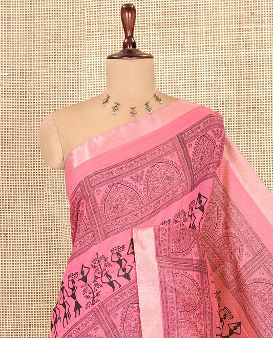 Pink Semi-Silk Cotton Saree, Adorned with Warli Print, a Tissue Border, Contrast Warli Printed Pallu, and a Contrast Blouse