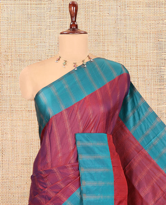 Purple  Semi-Soft Silk Saree, Elevated with Chevron Stripes, Complemented by a Contrast Zari Striped Border, and a Contrast Blouse