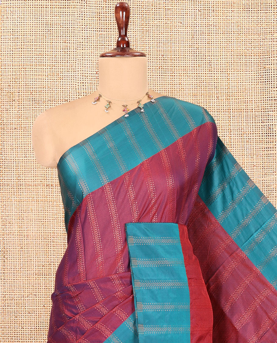 Purple  Semi-Soft Silk Saree, Elevated with Chevron Stripes, Complemented by a Contrast Zari Striped Border, and a Contrast Blouse