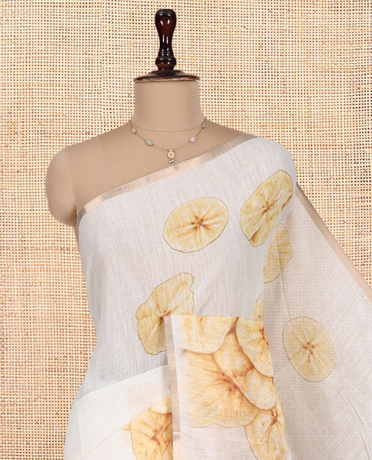 Borderless Cream Nentharanga Chips Printed Chanderi Cotton Saree, a Piping Border, Matching Blouse