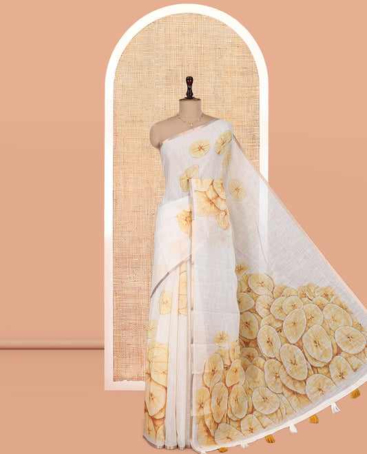 Borderless Cream Nentharanga Chips Printed Chanderi Cotton Saree, a Piping Border, Matching Blouse